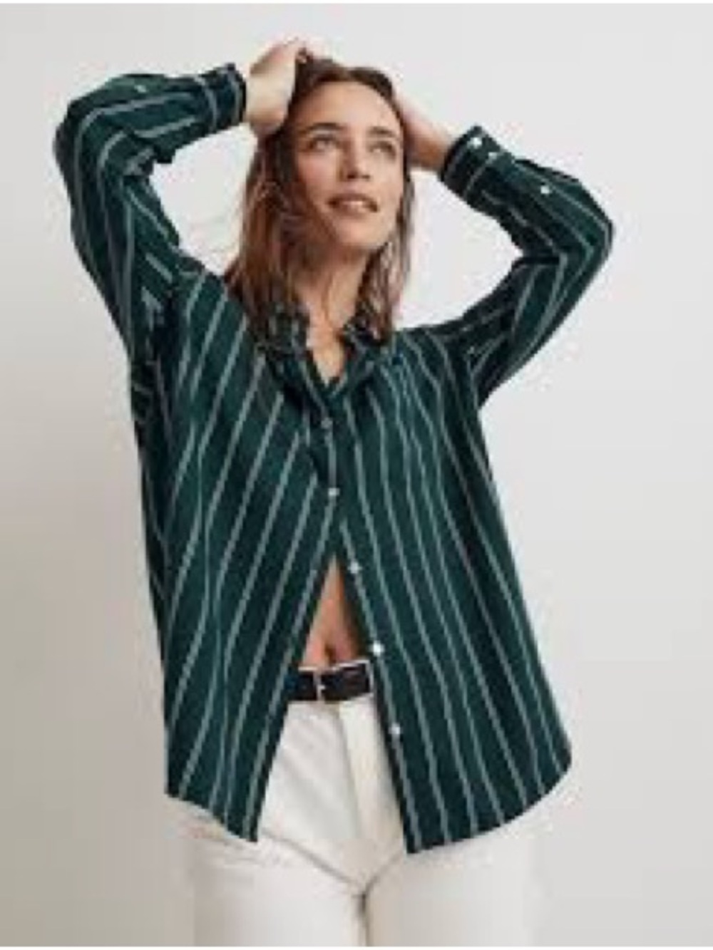 Madewell Dark Green Striped Oversized Satin Button-Down Shirt